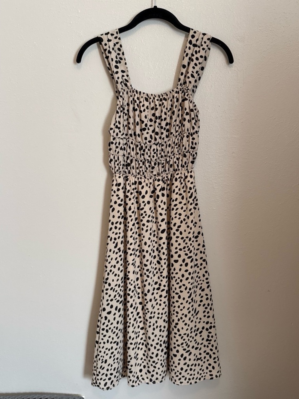 Beige Polka Dot Midi Sundress with Smocked Bodice